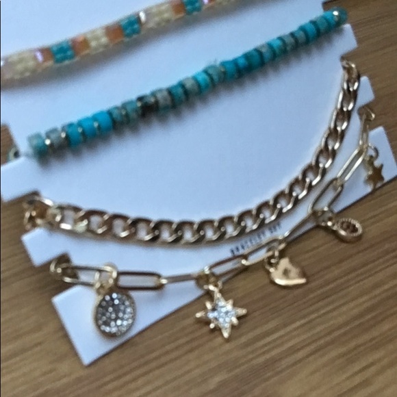 New 4 Piece Turquoise Gold Tone Chain Beads Bracelet Set - Picture 3 of 5